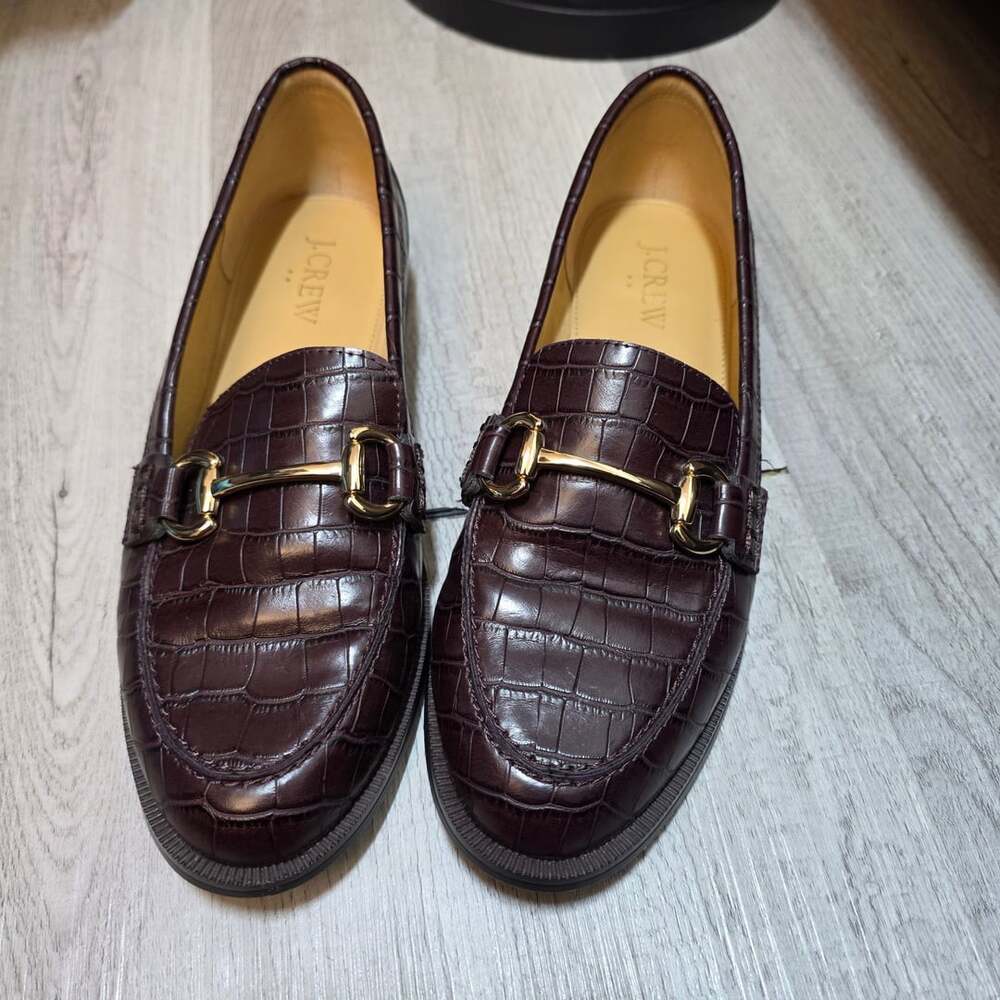 J.Crew Croc-Embossed Leather Bit Loafers Dark Brown Gold Hardware